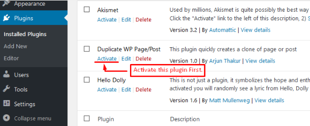 Installing and activating the Duplicate Page and Post plugin