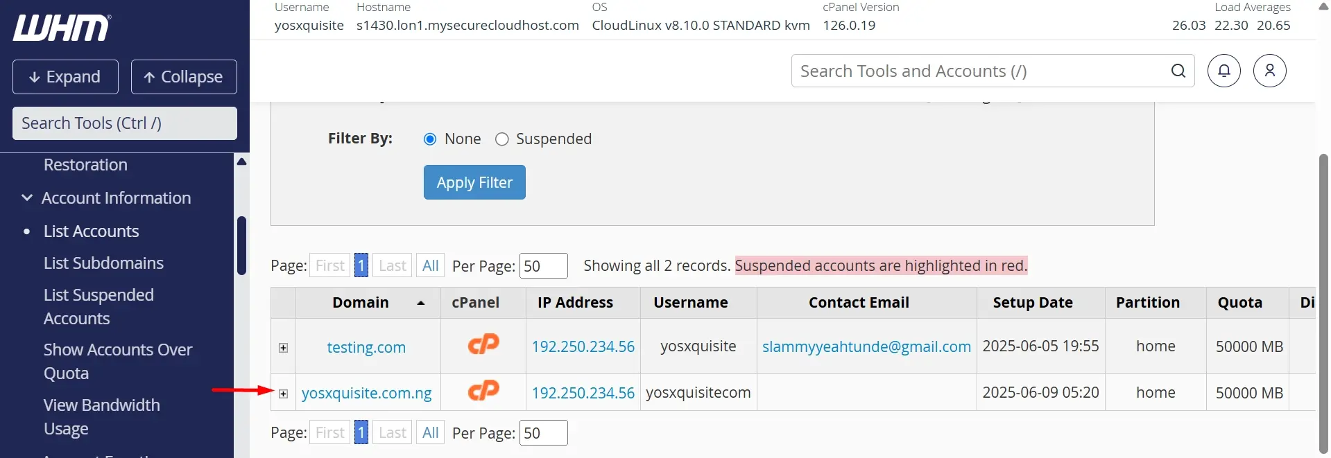 Select the cPanel Account