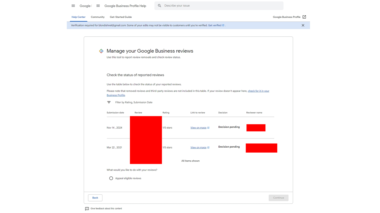 check pending google review removal status