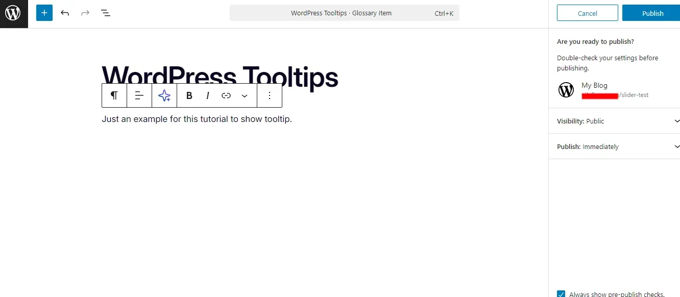 Screenshot adding tooltip term to glossary
