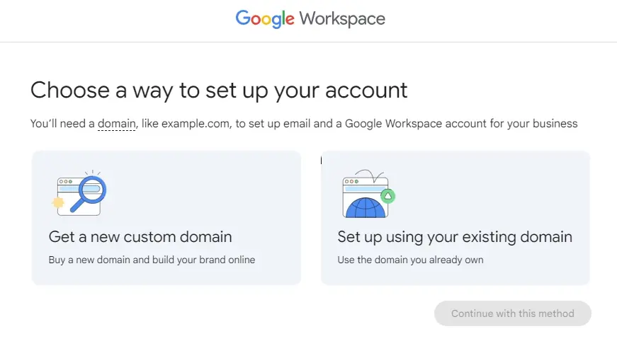 Screenshot google workspace existing or new domain