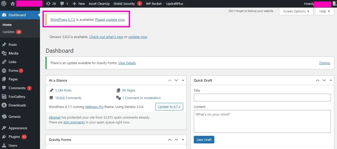 Screenshot update wordpress