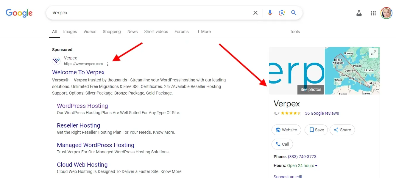 Screenshot verpex search results
