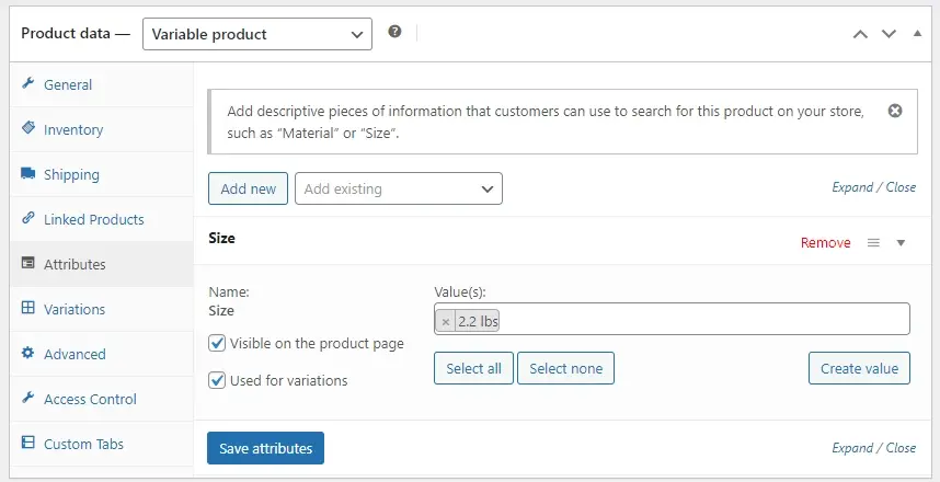 Screenshot woocommerce assign attribute to product