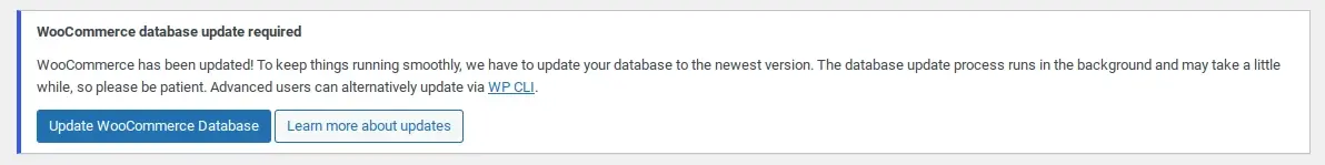 Screenshot woocommerce database update required notice