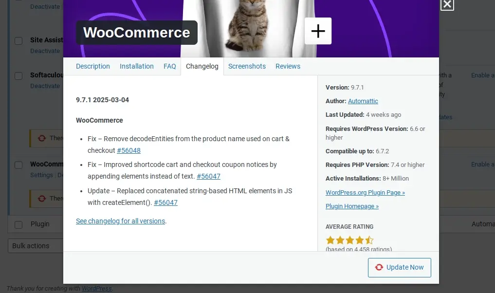 Screenshot woocommerce wp changelog