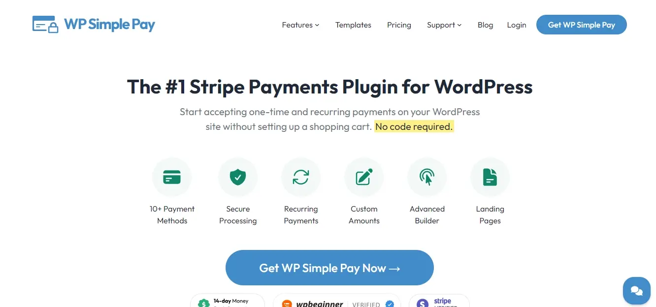 Screenshot wp simple pay frontpage
