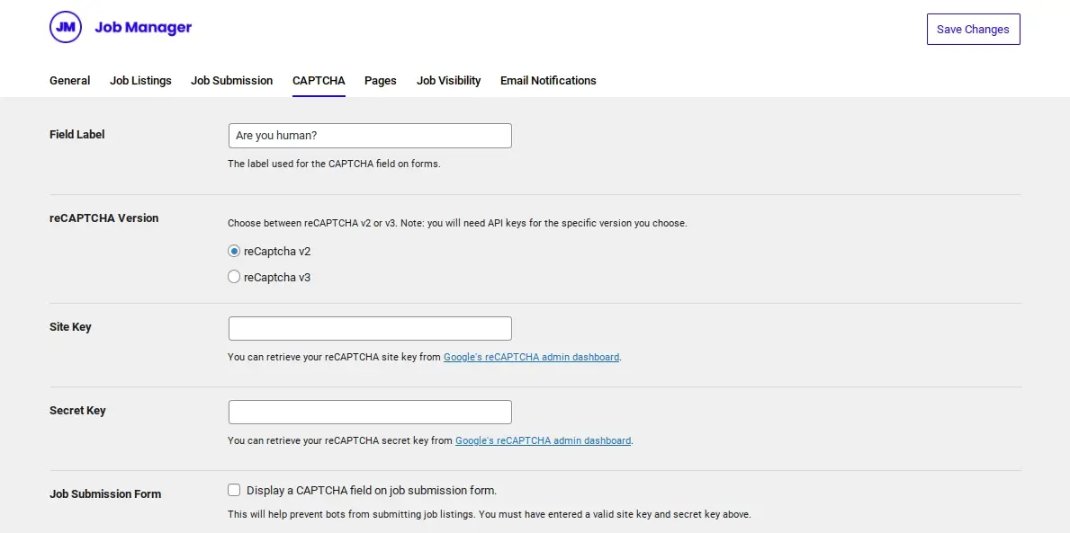 wp-job-board-captcha-recaptcha-settings